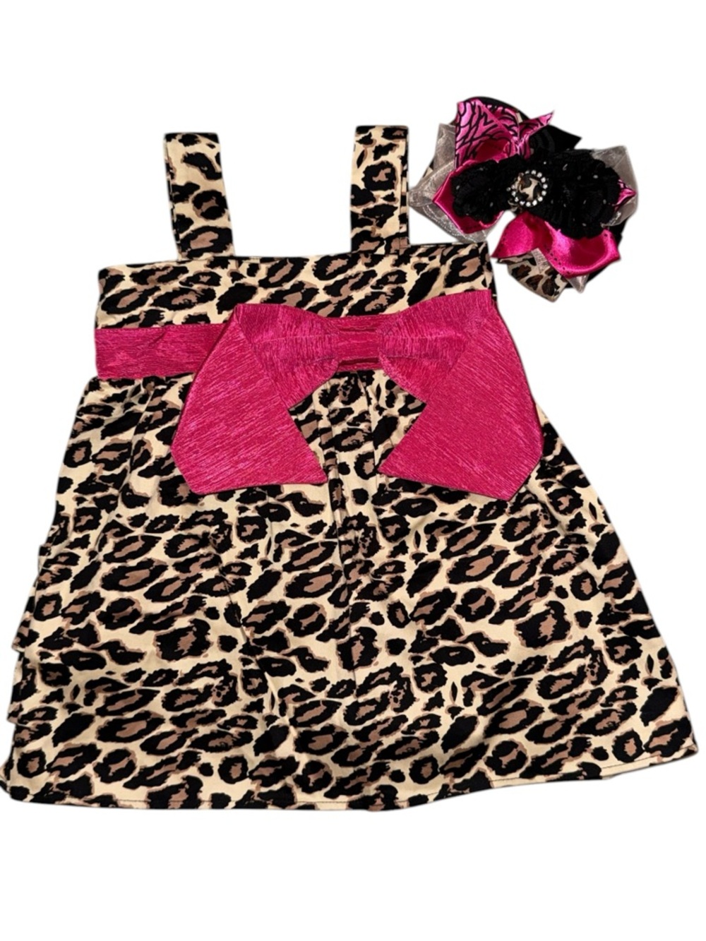 Vintage Couture Leopard Print Girls Dress Pink Bow Size 2T Boutique Outfit Bow